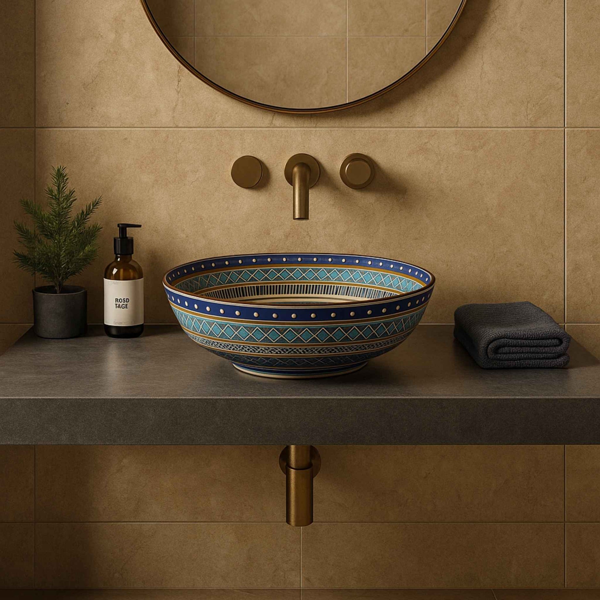 Luxurious bathroom with Moroccan round ceramic wash basin centerpiece