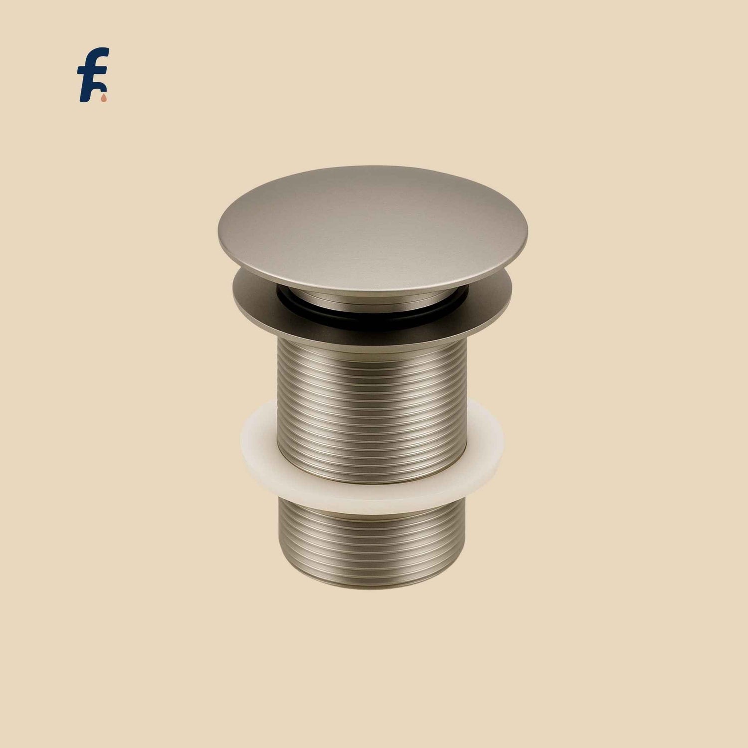  Front angle view of matte nickel pop-up waste coupling for basin