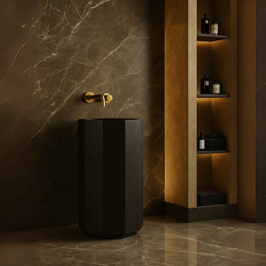 Front view of octagonal pedestal wash basin in a luxury bathroom