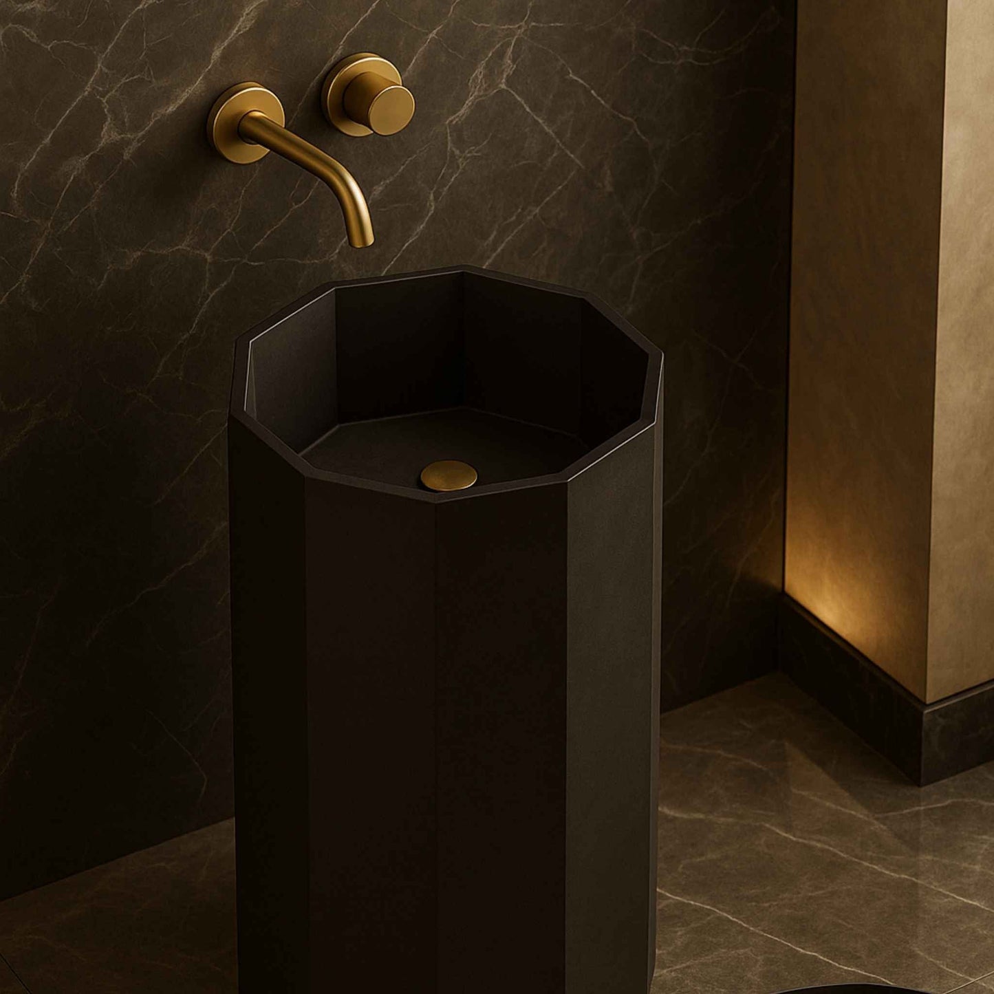 Lifestyle view highlighting designer bathroom with unique basin