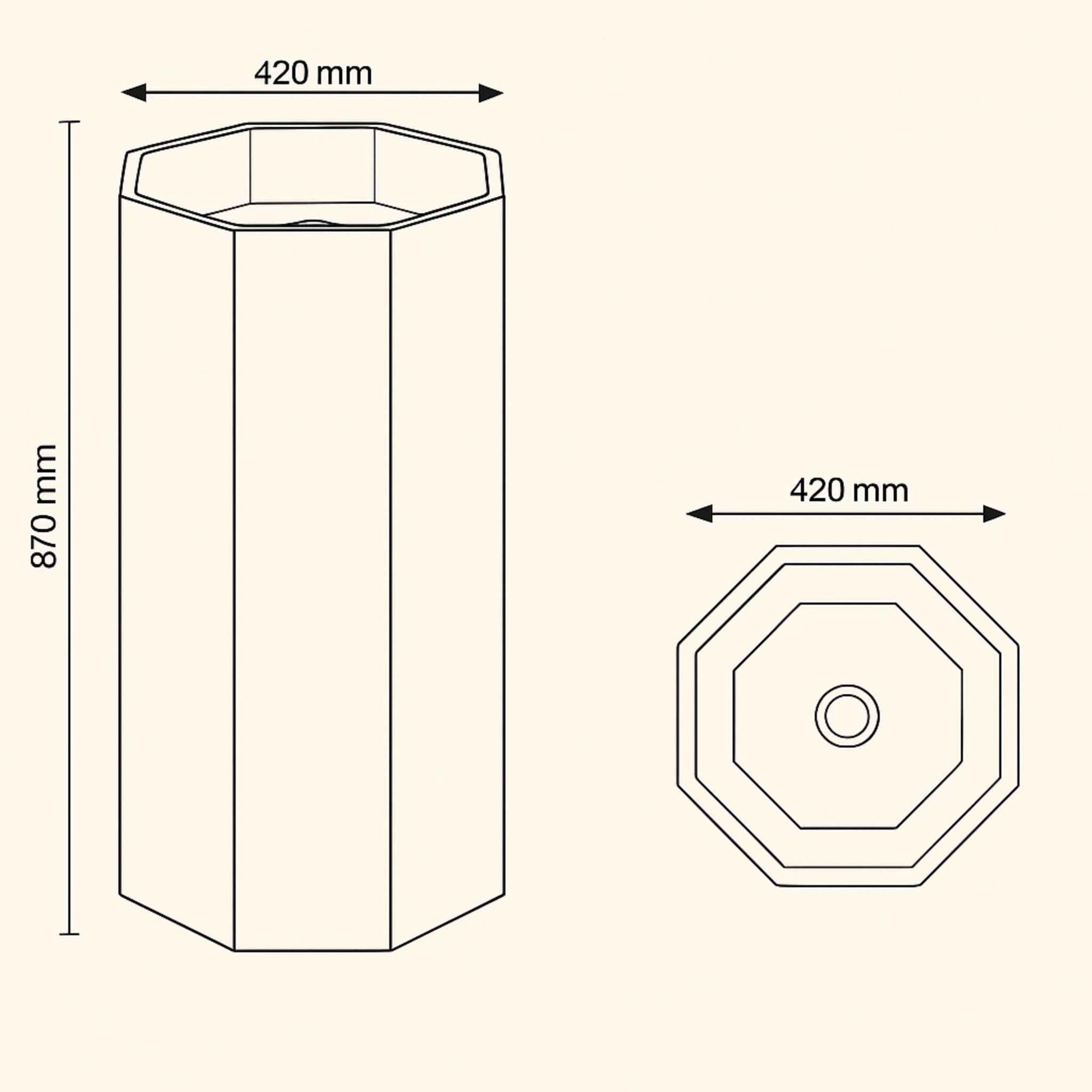 Technical drawing of a hexagonal cylindrical object with dimensions labeled.