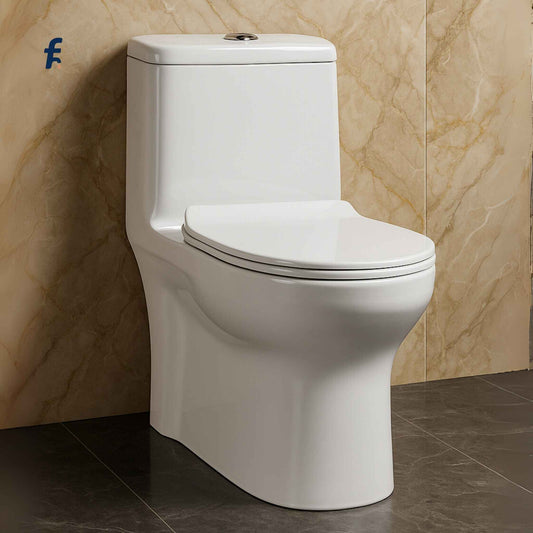 Front view of one-piece toilet with box rim design and dual flush by AffordFittings