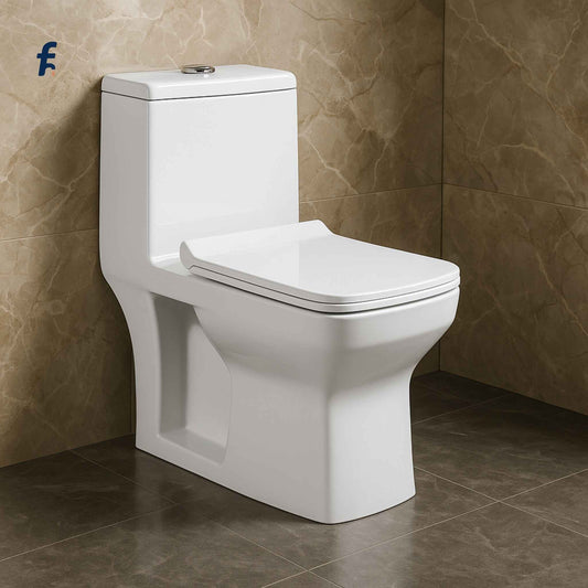 Front view of one-piece western toilet with soft close seat