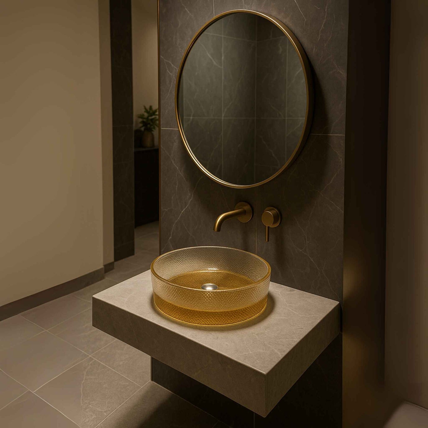 Entry view showing textured gold oval sink in a luxury setup