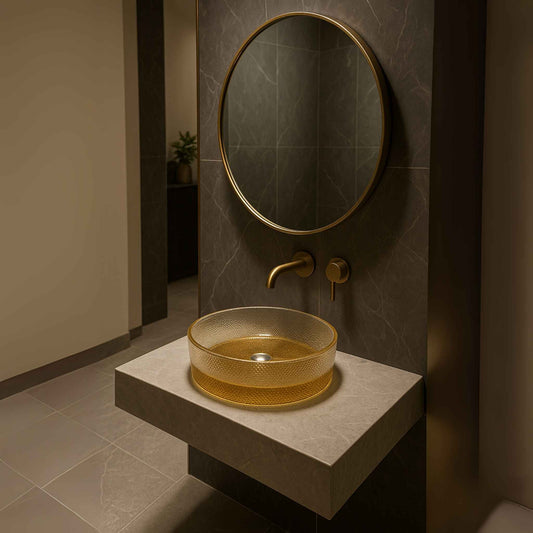 Entry view showing textured gold oval sink in a luxury setup