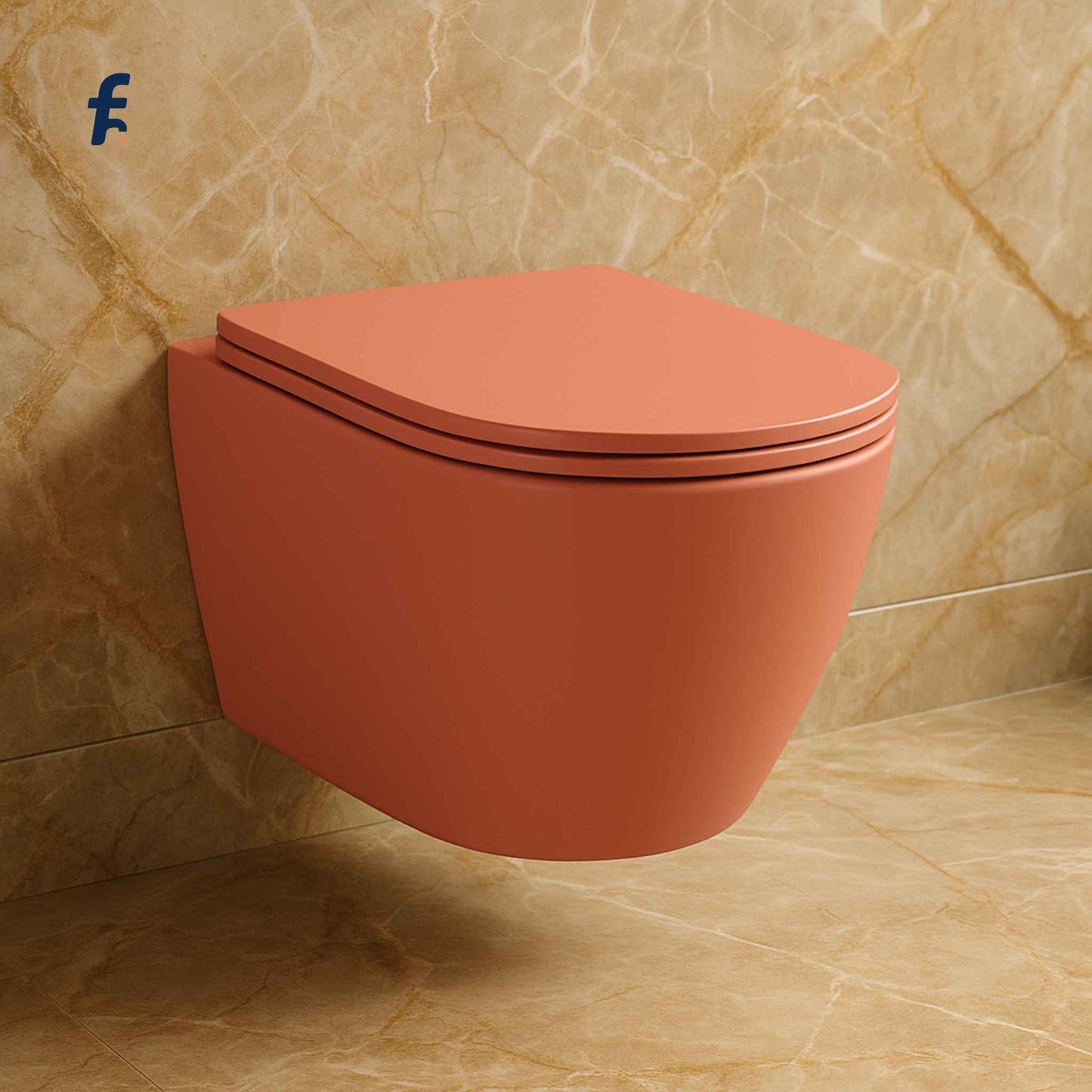 Wall-mounted peach-colored toilet against a beige tiled wall