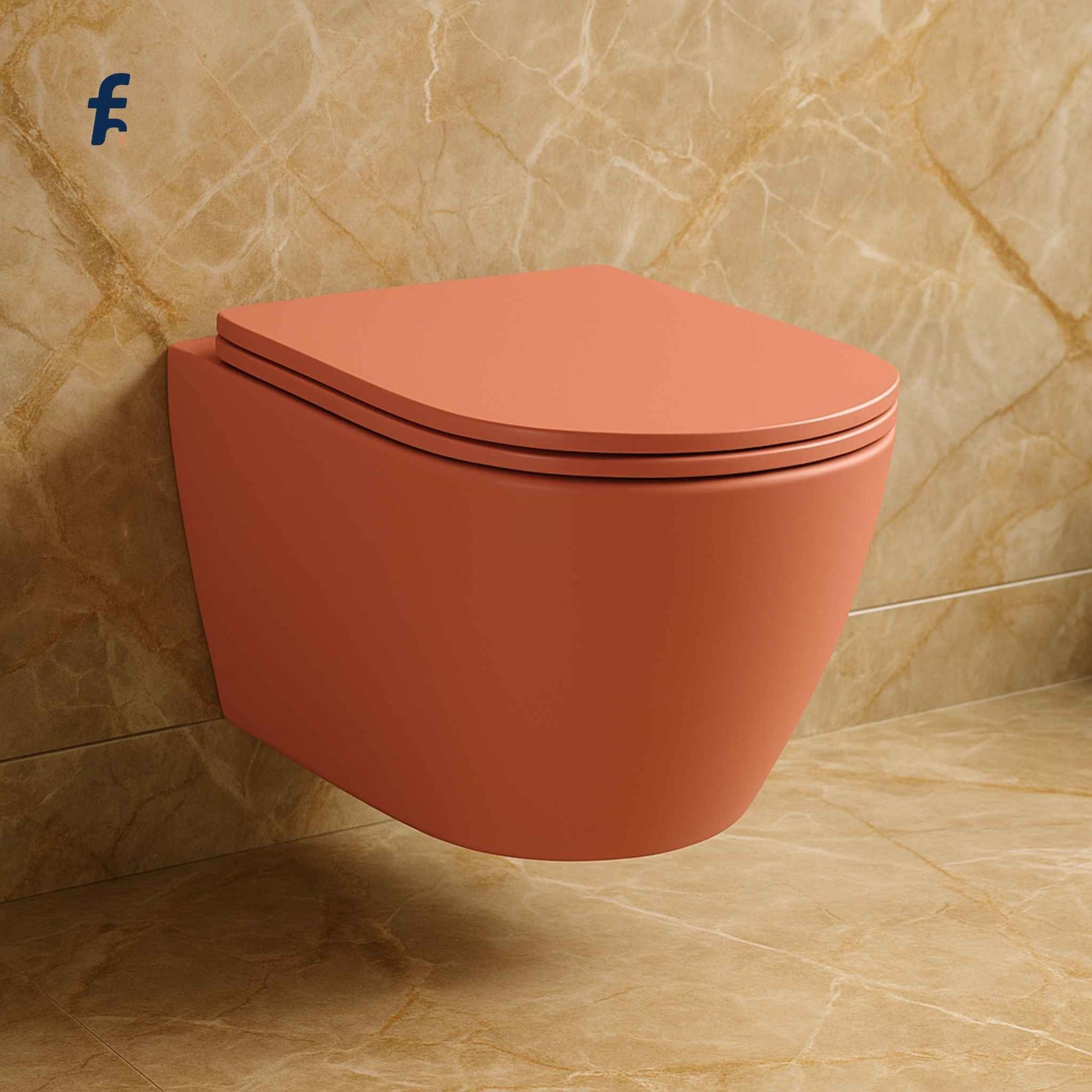 Wall-mounted peach-colored toilet against a beige tiled wall