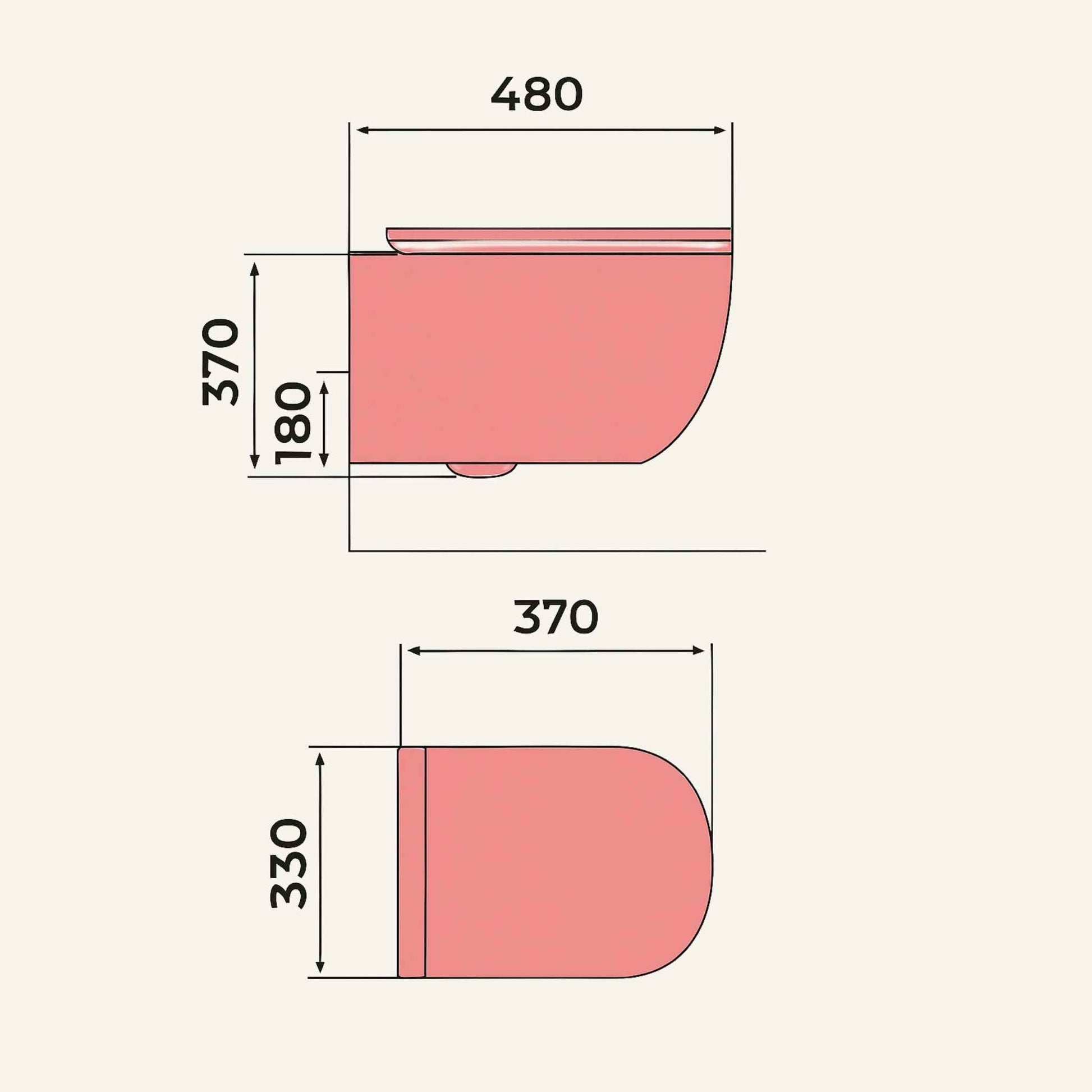 Dimensions of a pink sink with measurements in millimeters on a white background
