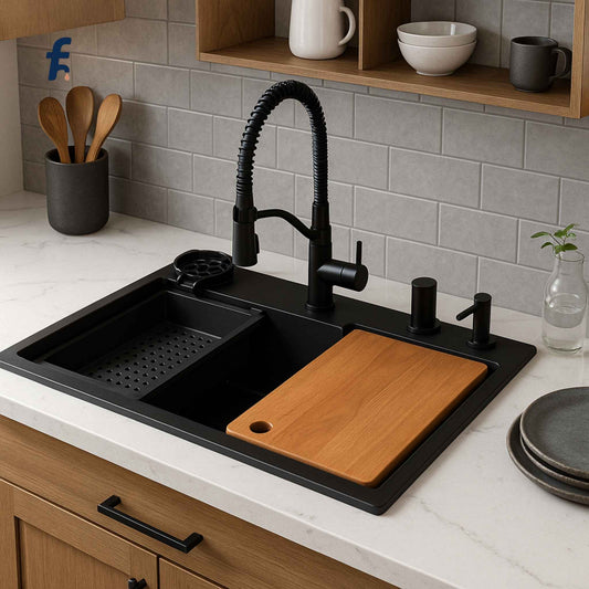 Black kitchen sink with a wooden cutting board on a white countertop, featuring a brand logo in the corner.