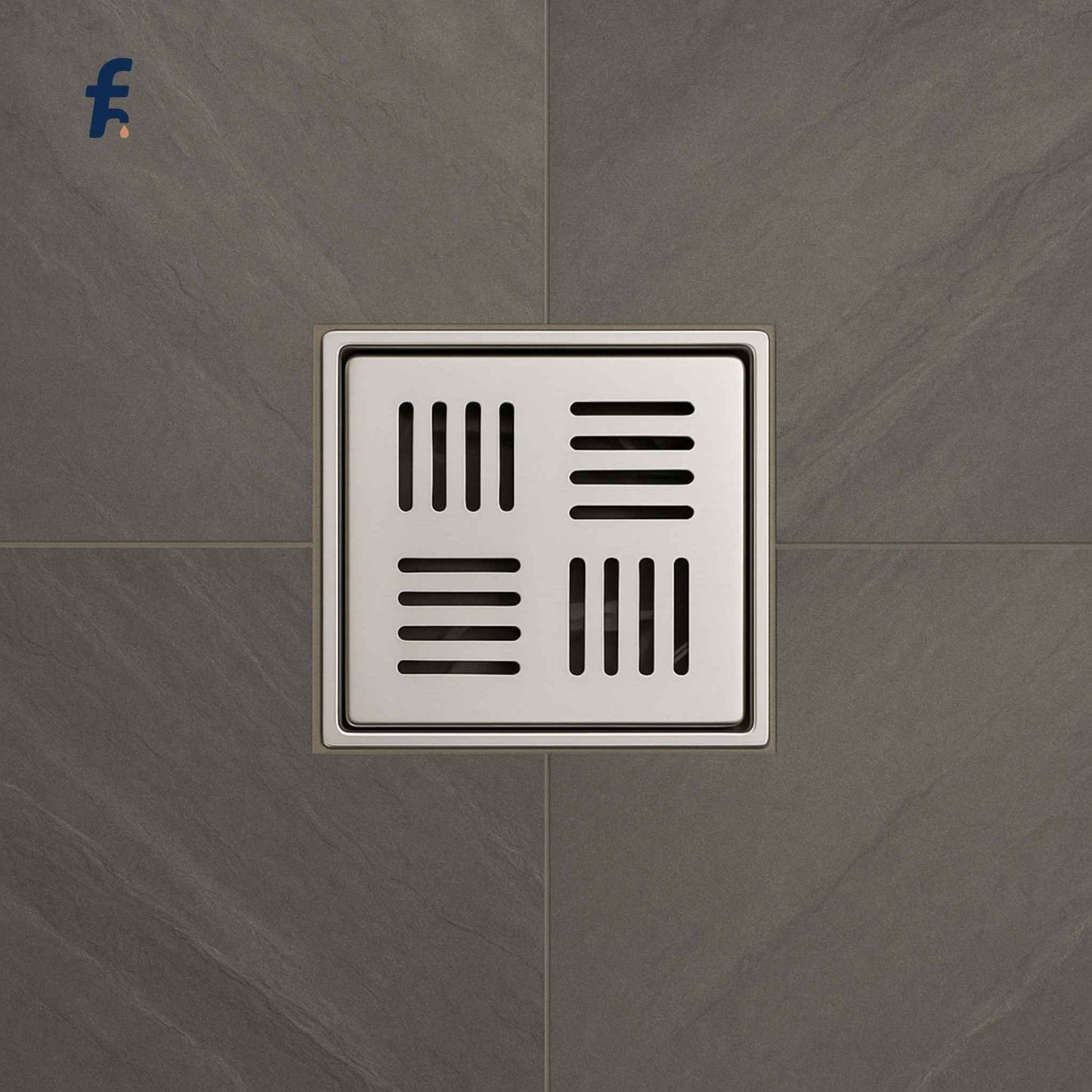 Square drain cover with grid pattern on a tiled wall, Top view of premium rectangular bathroom floor drainer