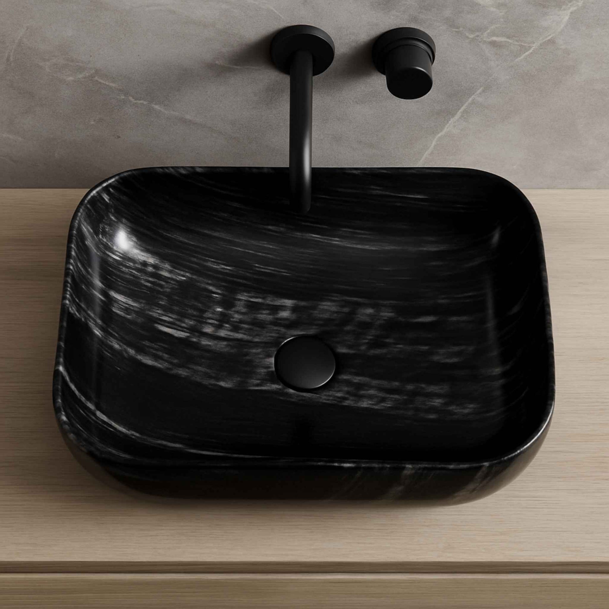 Top view of premium rectangular ceramic washbasin with black marble pattern