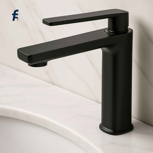 Black faucet on a white sink with a light gray background, Premium brass gun grey bathroom faucet with leak-resistant valve