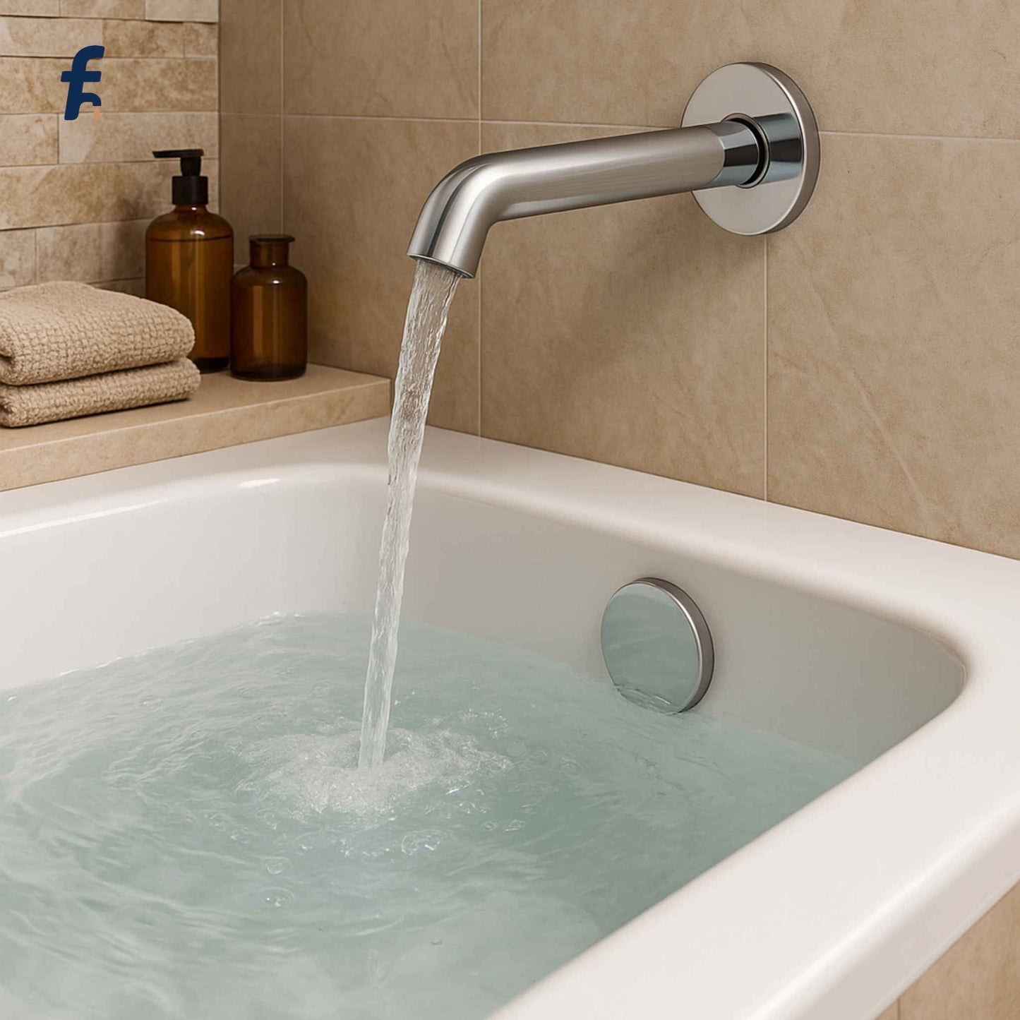 Bathroom scene with a running faucet into a bathtub, featuring a brand logo in the corner. Premium chrome bath spout with flange in a luxury bathroom.