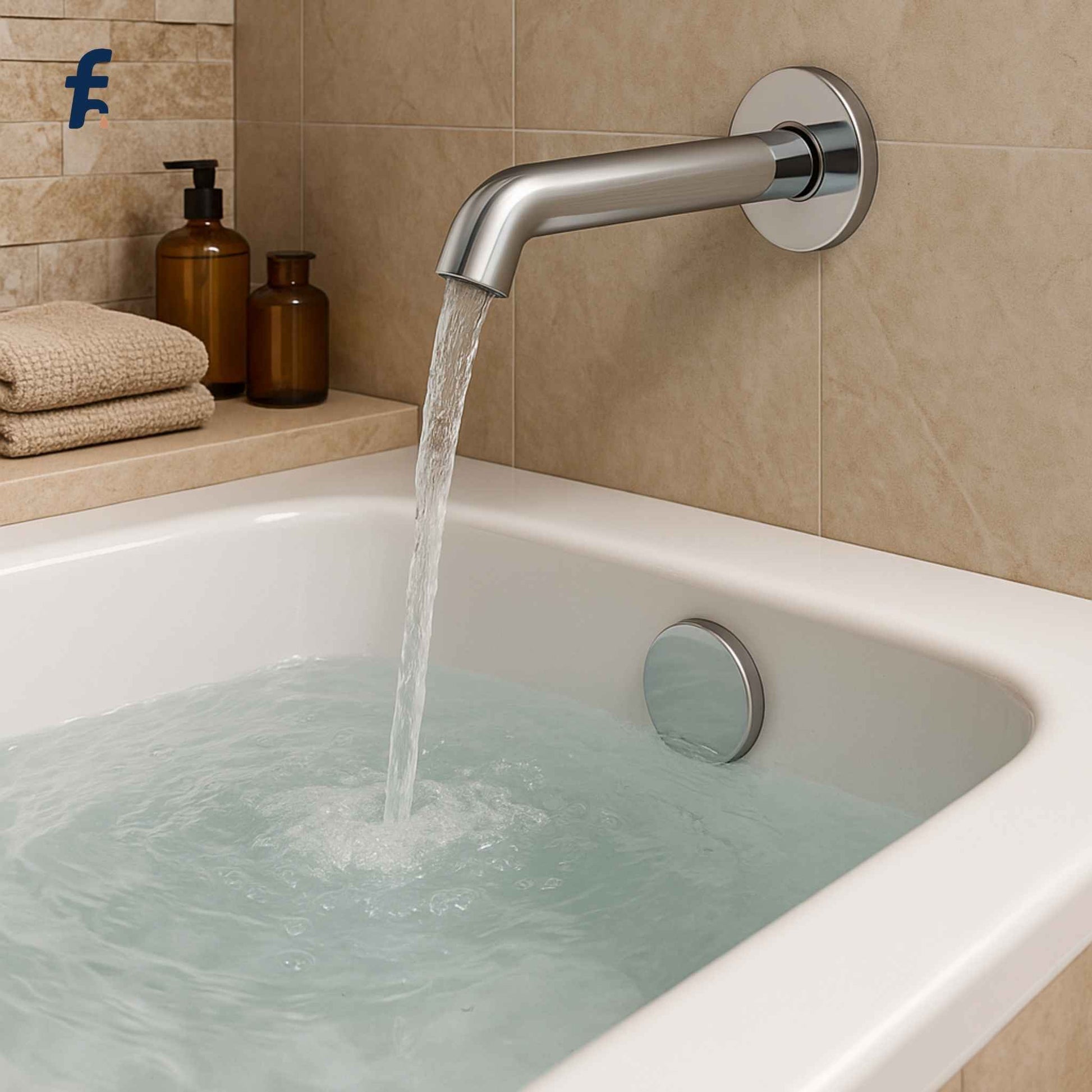 Bathroom scene with a running faucet into a bathtub, featuring a brand logo in the corner. Premium chrome bath spout with flange in a luxury bathroom.