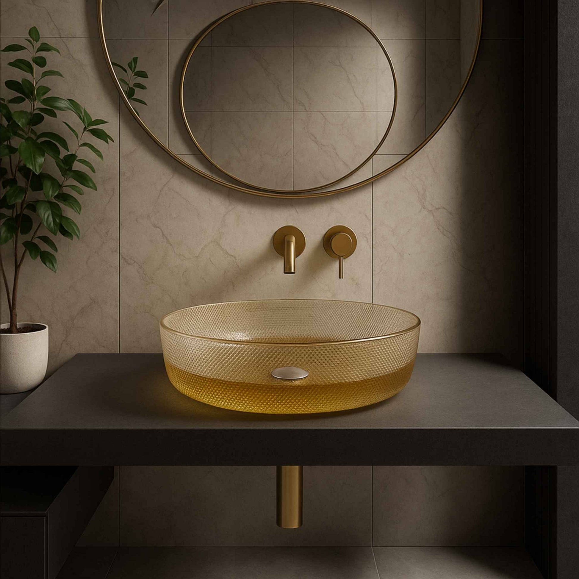 Close-up of honeycomb-textured tempered glass bathroom sink