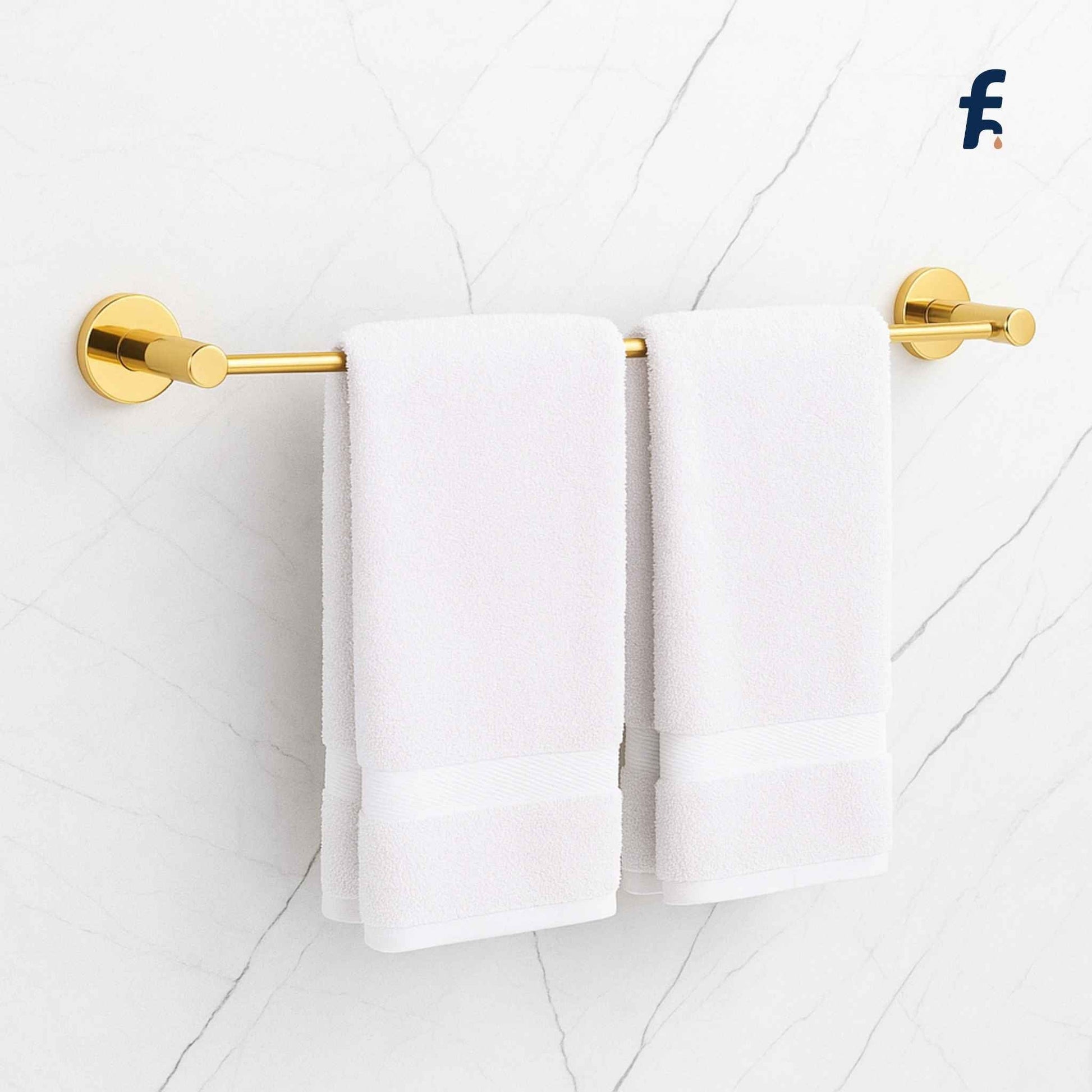 Gold towel rack with white towels on a light gray wall, 24 inch wall mounted gold towel bar for modern bathroom décor