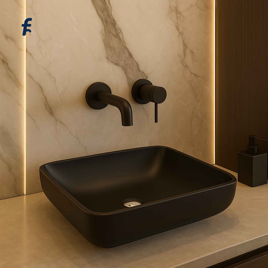 Full view of luxury bathroom with rectangular black glass sink