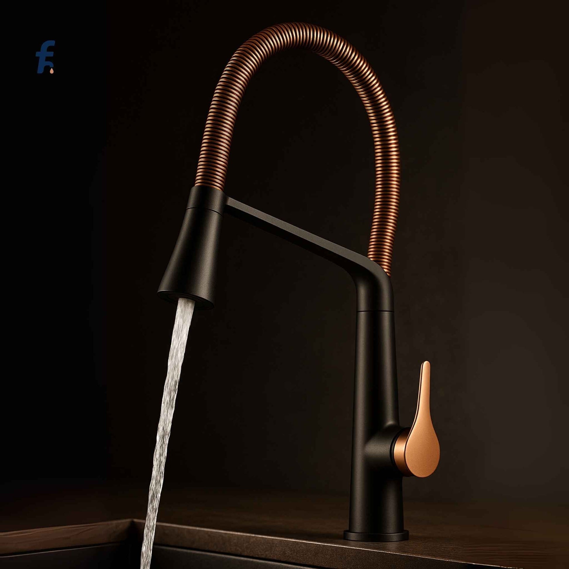 Luxury rose gold and black pull-down faucet in use with water flowing from flexible hose over sink