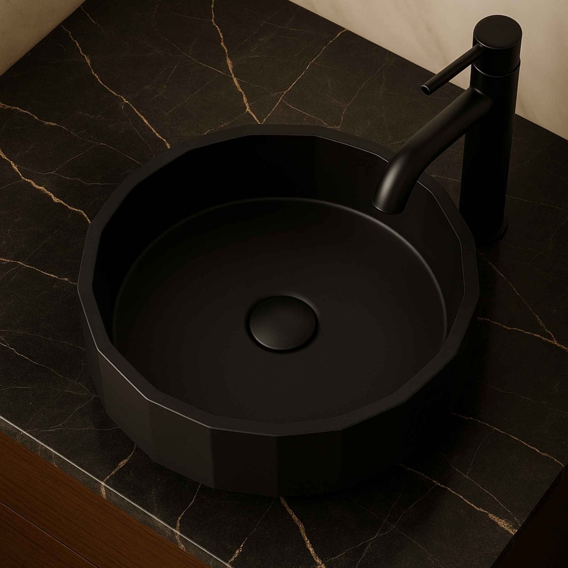 Top view of luxury designer metallic wash basin in black matte finish.