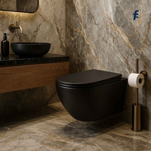 Modern bathroom with black wall-mounted toilet, sink, and decorative elements.