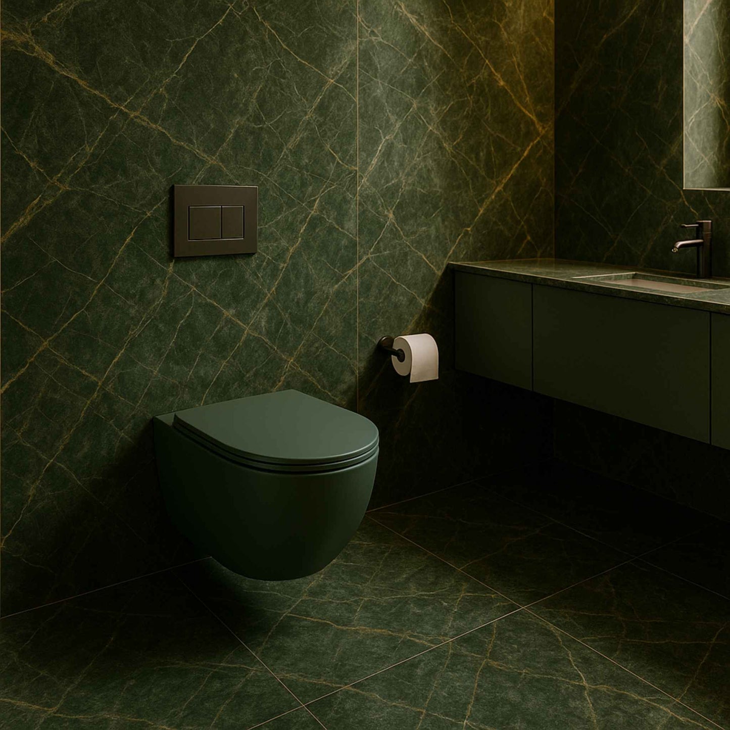 Green wall-mounted toilet in a bathroom with green marble-patterned walls and floor.