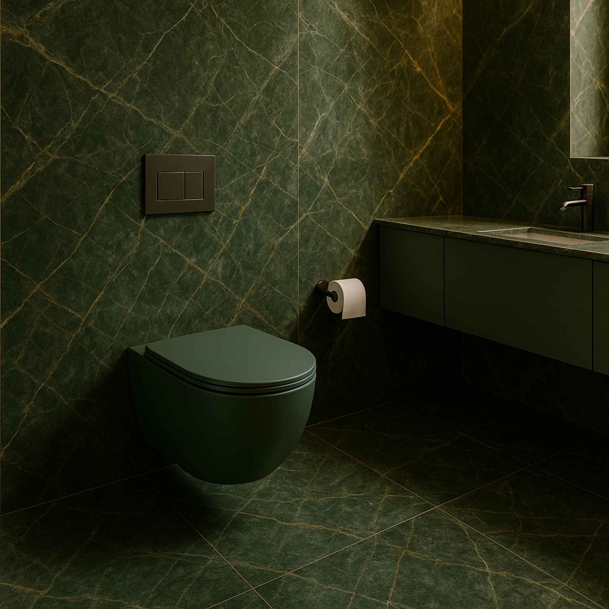 Green wall-mounted toilet in a bathroom with green marble-patterned walls and floor.