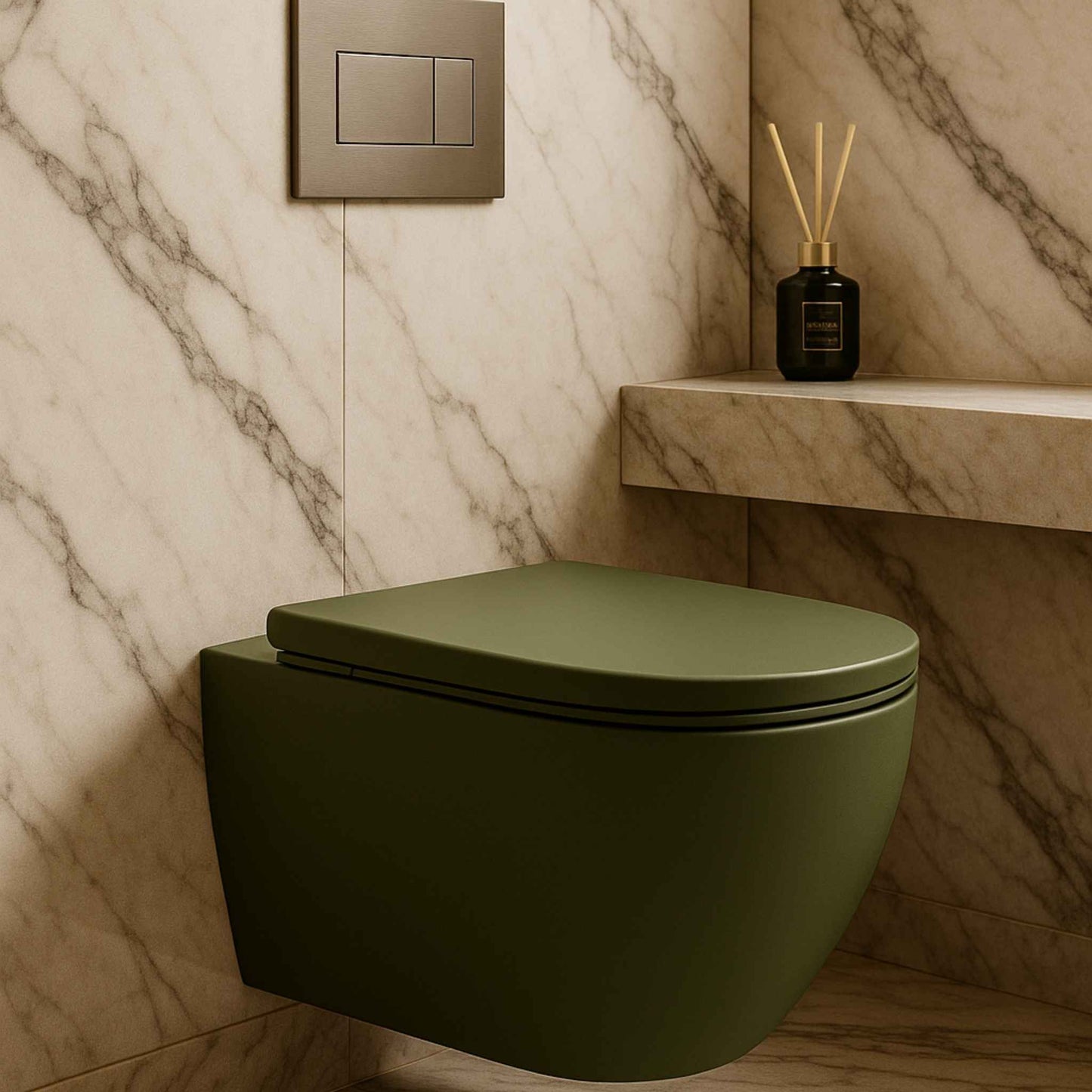 Green wall-mounted toilet in a bathroom with marble walls and a shelf.