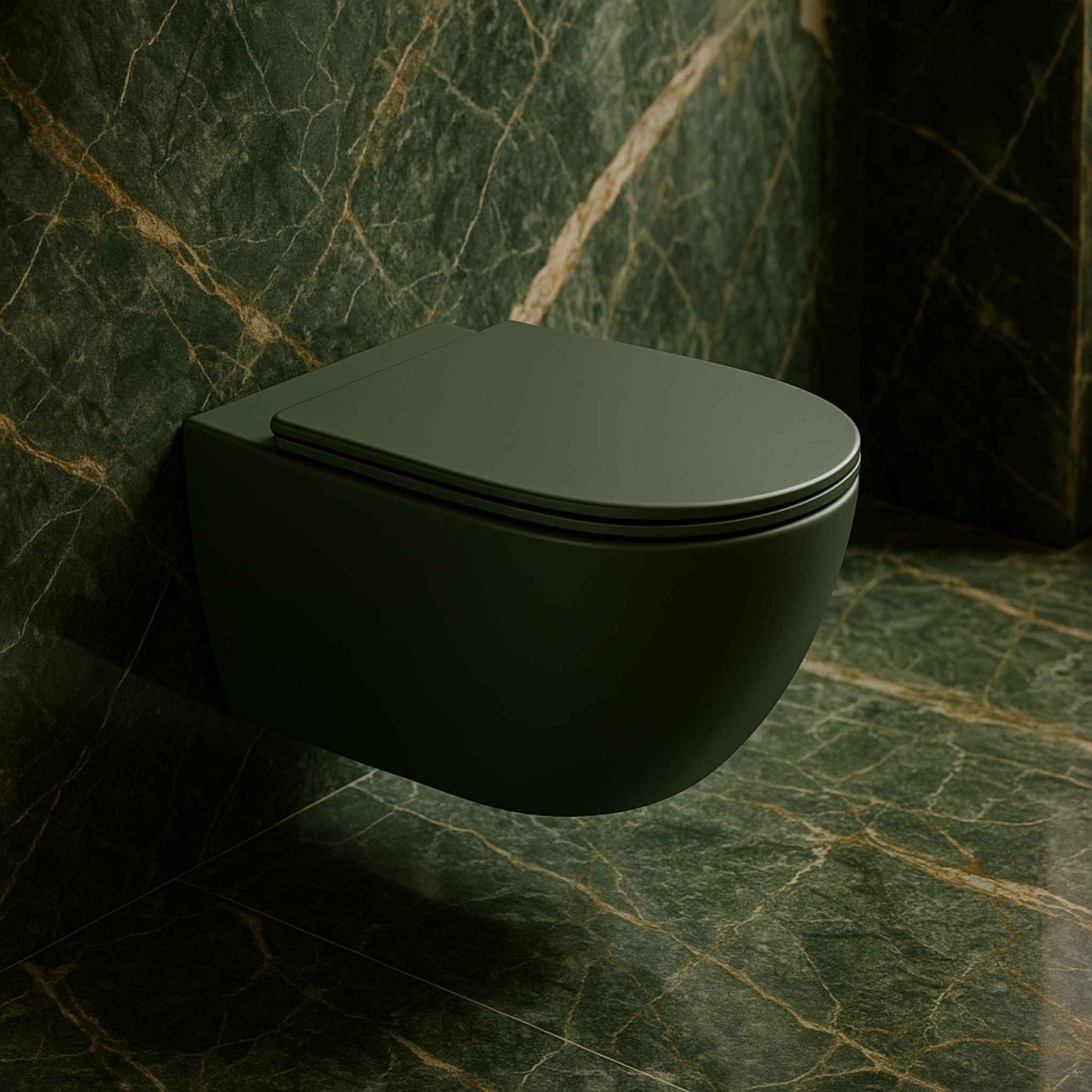 Dark green wall-mounted toilet in a bathroom with marble walls and floor.
