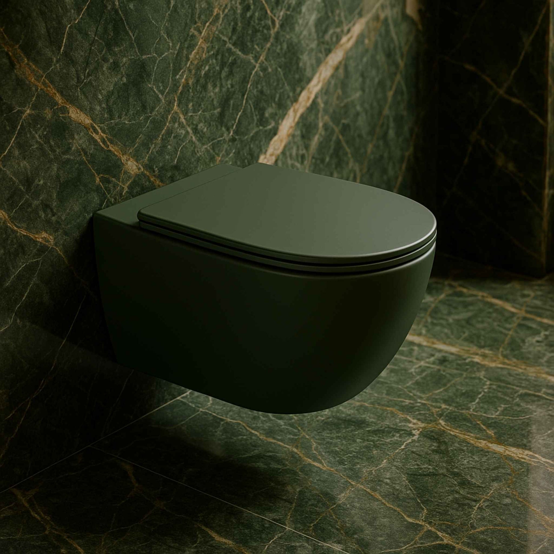 Dark green wall-mounted toilet in a bathroom with marble walls and floor.