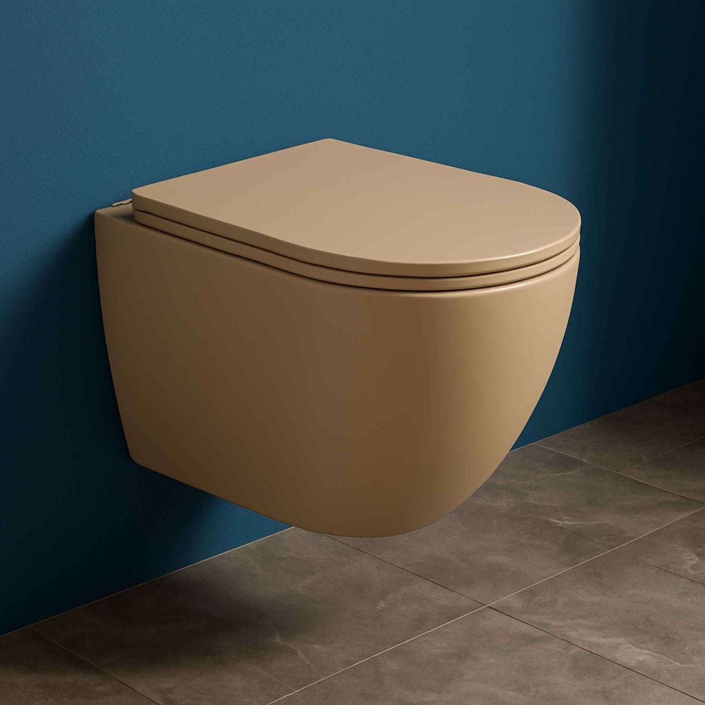 High-quality image showcasing the true khakhi matte color of the R1 Aeris Line wall hung toilet