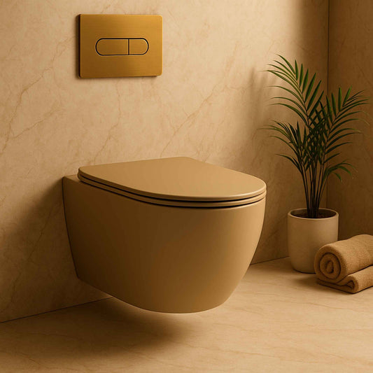 Front angle view of R1 Khakhi wall hung toilet with matte finish in a luxury Italian marble bathroom