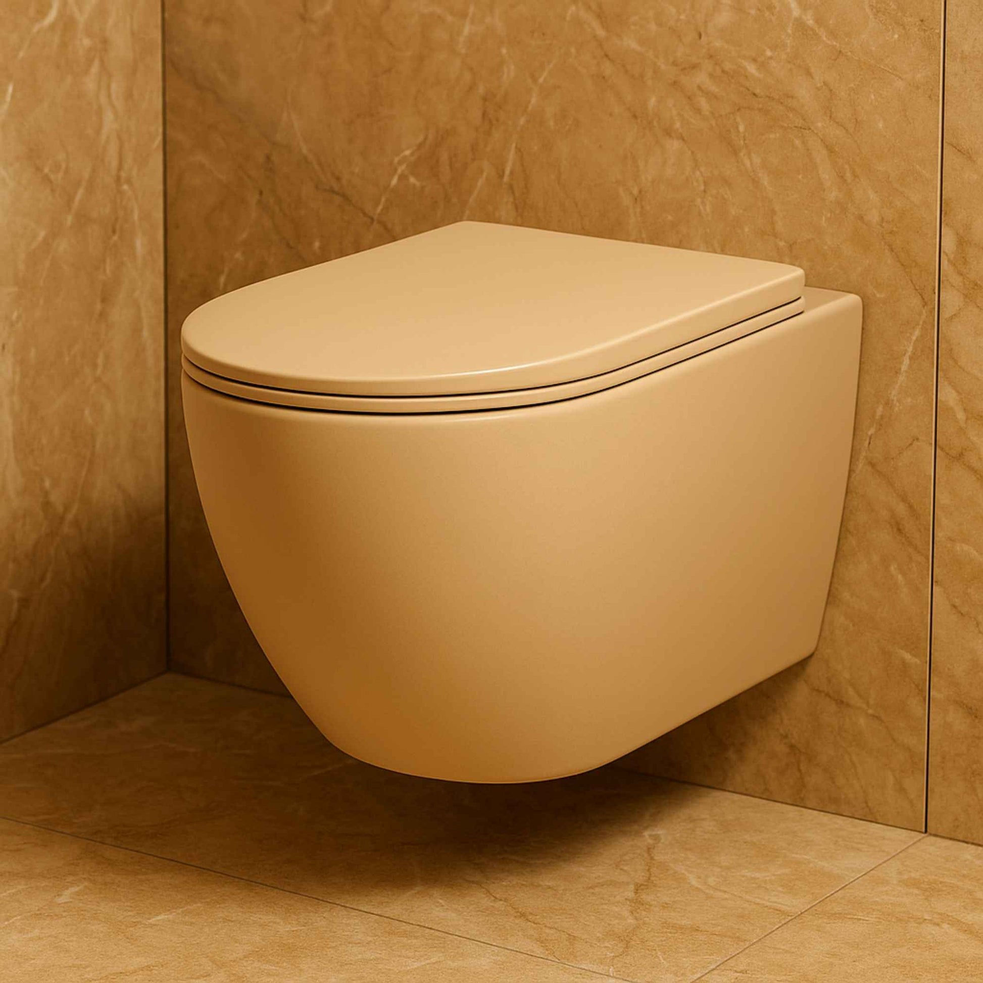 Side view of premium Aeris Line khakhi matte wall mounted toilet in a modern luxury washroom
