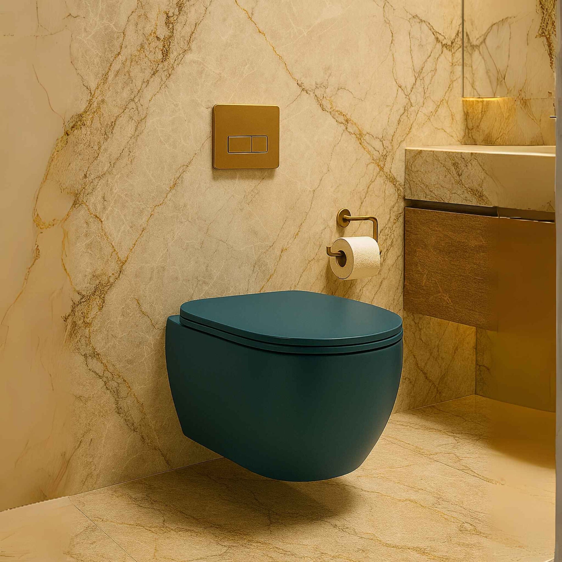 Front view of R2 matte blue wall-hung toilet in luxury bathroom