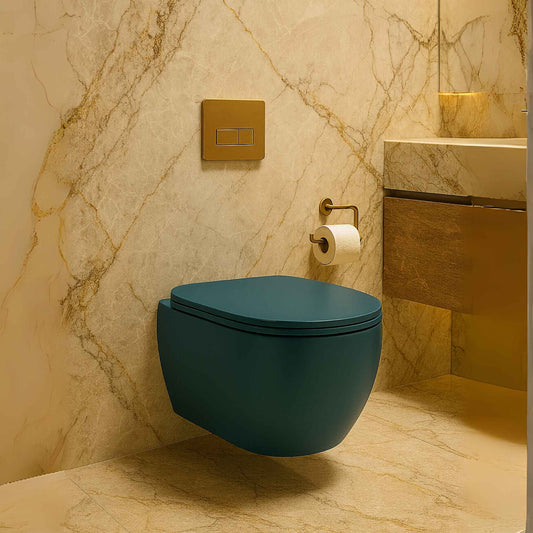 Front view of R2 matte blue wall-hung toilet in luxury bathroom