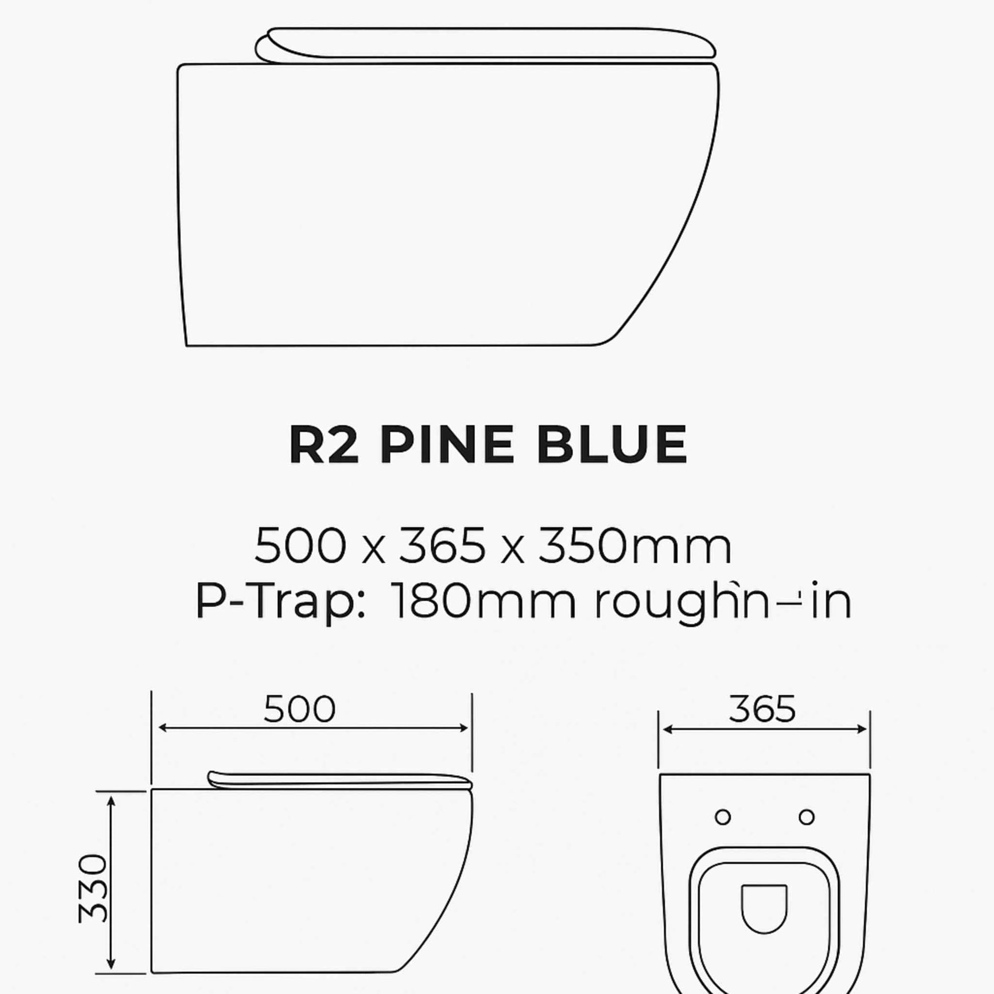 Technical drawing of a R2 Pine Blue toilet with dimensions and P-Trap information.