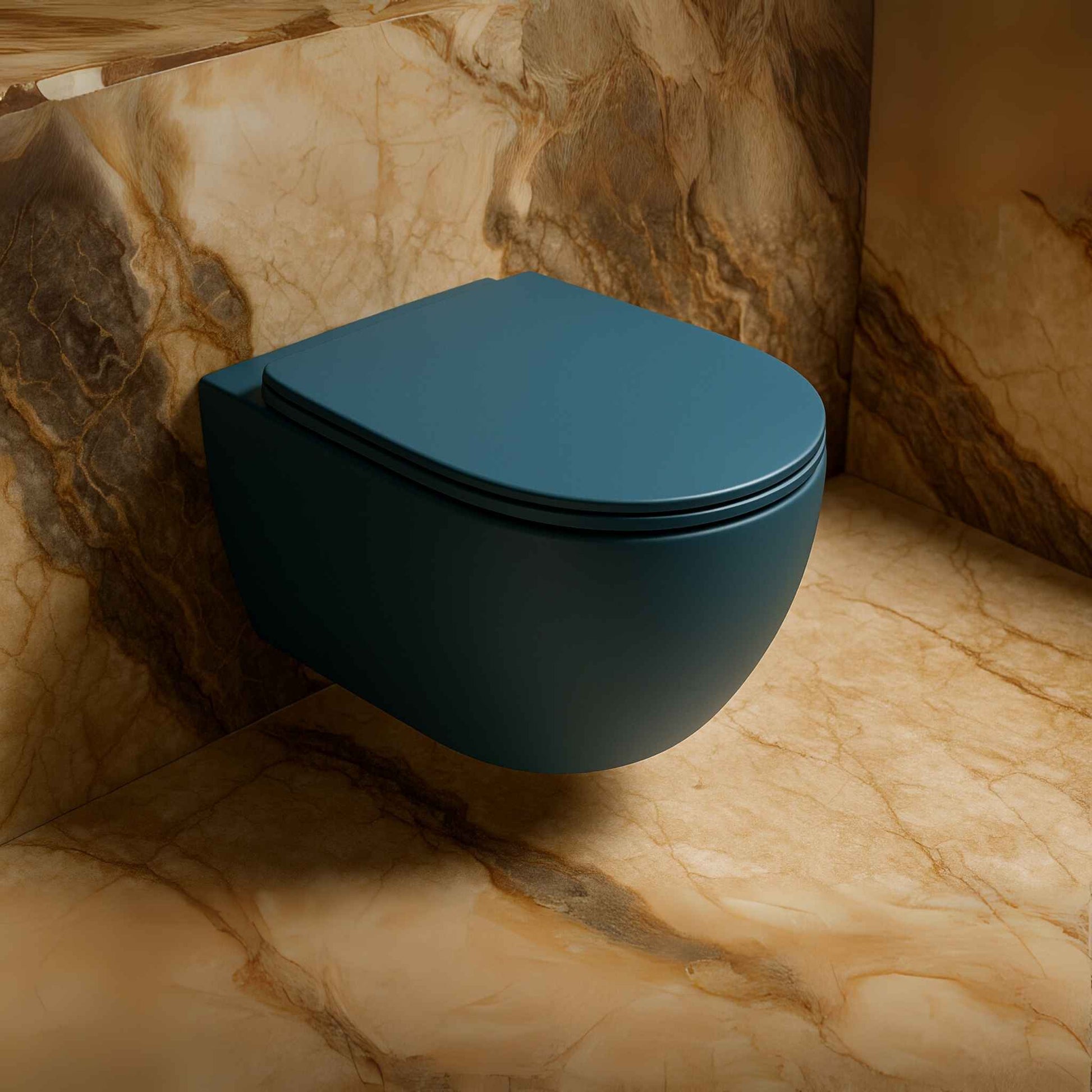 Full bathroom interior with matte wall-hung toilet and Italian marble