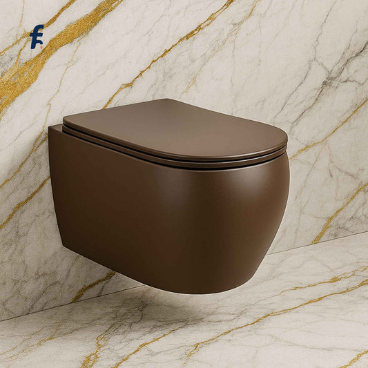 Luxury walnut brown wall hung toilet front view 500x365x350mm WC