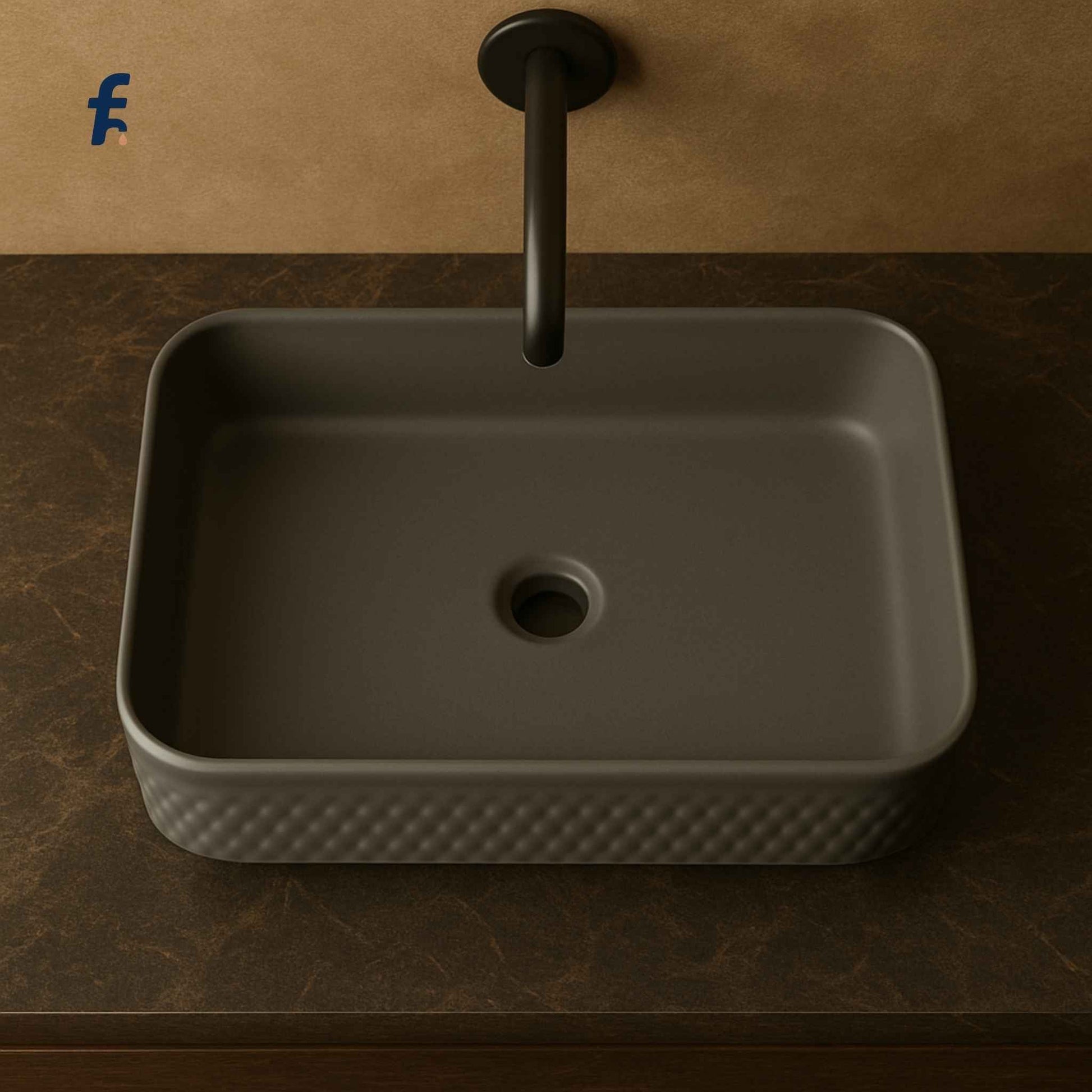 Top view of rectangular ceramic wash basin in matte finish
