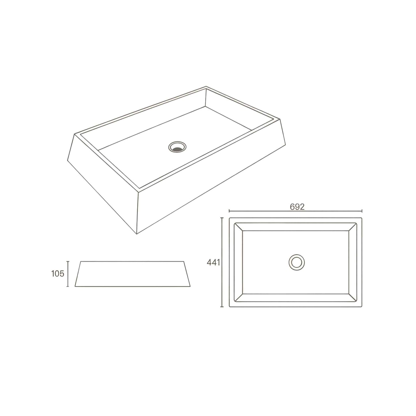 Technical drawing of a rectangular sink with dimensions on a white background