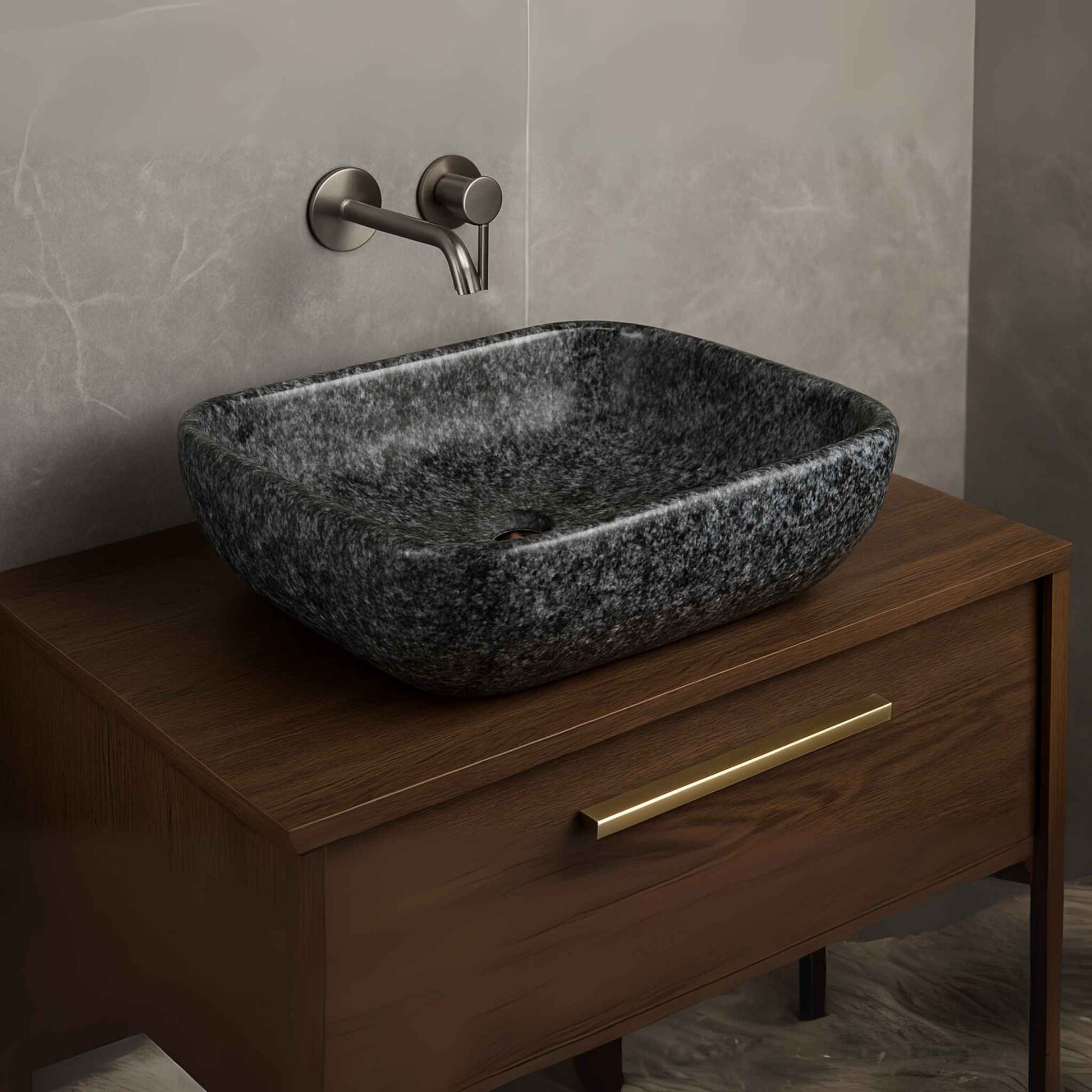 Rectangular granite-effect ceramic wash basin side angle