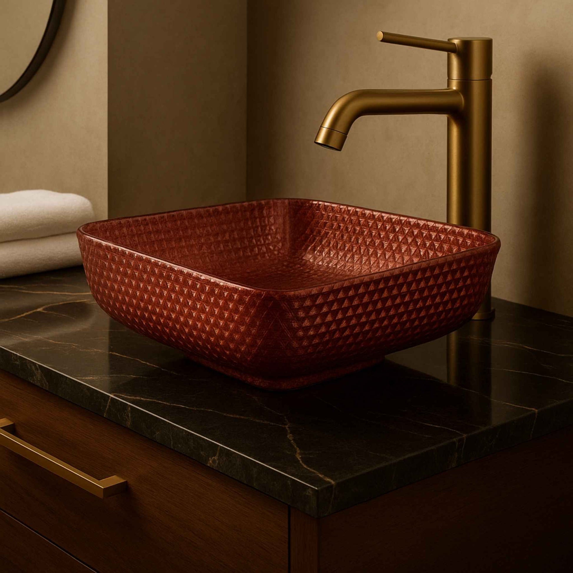 Front view of red textured glass square wash basin placed in a luxury bathroom vanity – 400x400mm designer sink