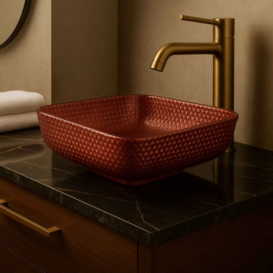 Front view of red textured glass square wash basin placed in a luxury bathroom vanity – 400x400mm designer sink