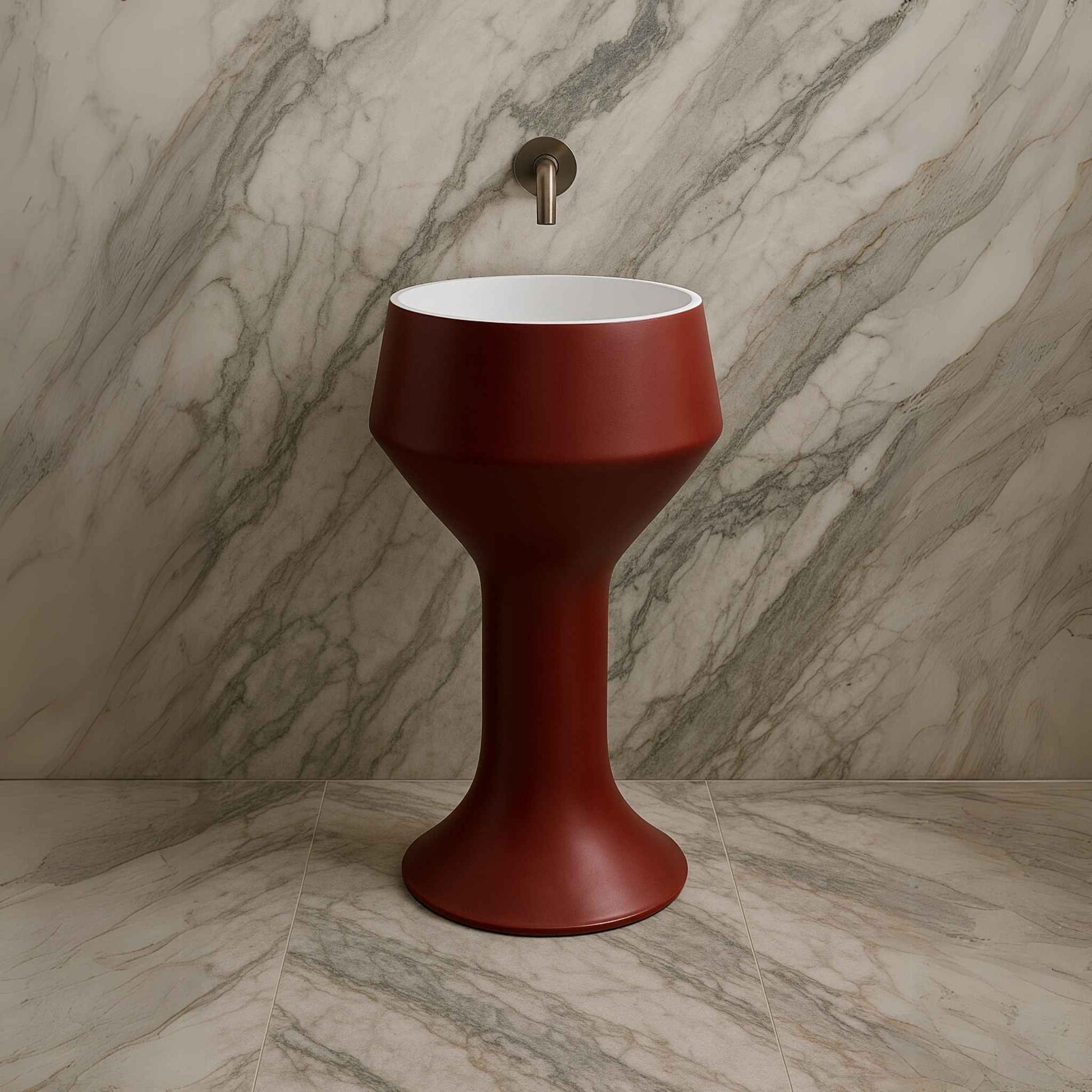 Front view of matte red wine pedestal basin with curvy hourglass shape