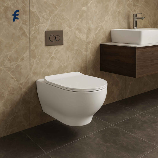 Luxurious bathroom with floating WC, marble tiles, and wooden vanity