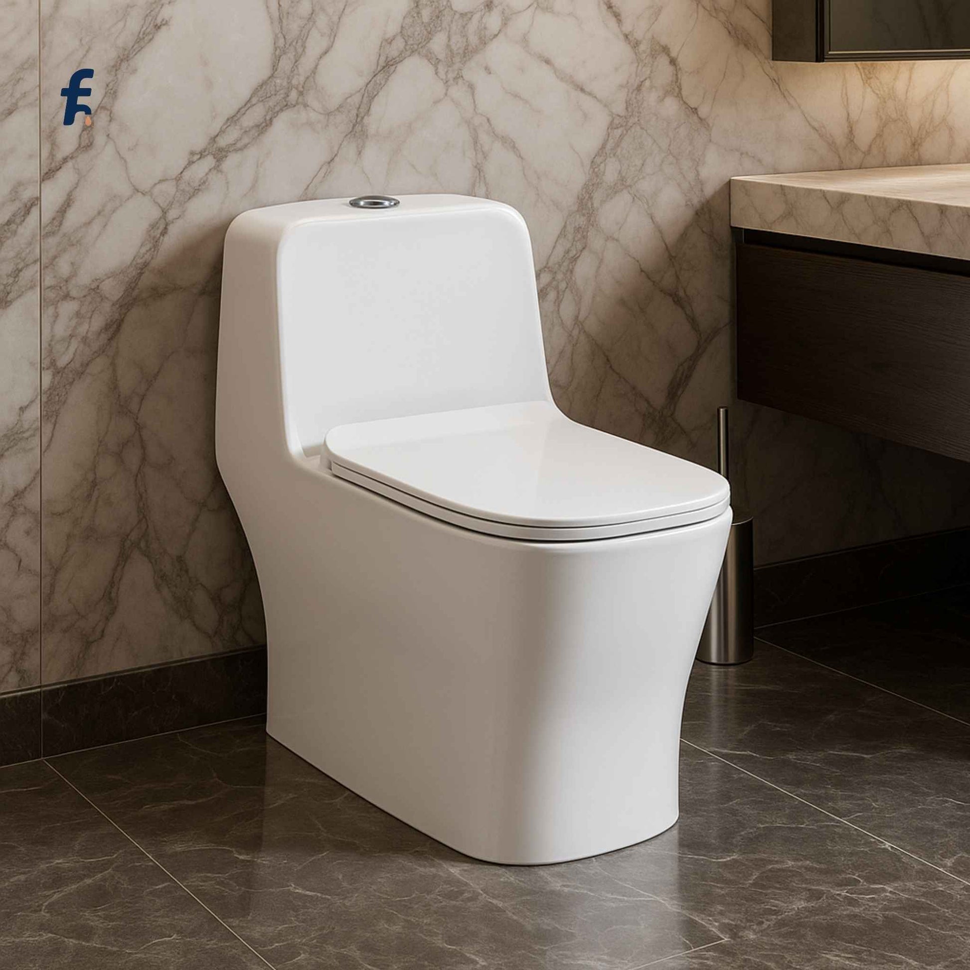 Front view of modern one-piece rimless western toilet SM00W-1012 with 6D syphonic flush and soft close seat
