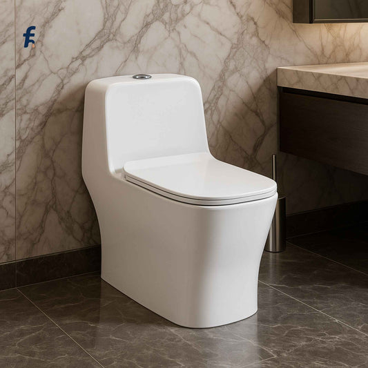 Front view of modern one-piece rimless western toilet SM00W-1012 with 6D syphonic flush and soft close seat