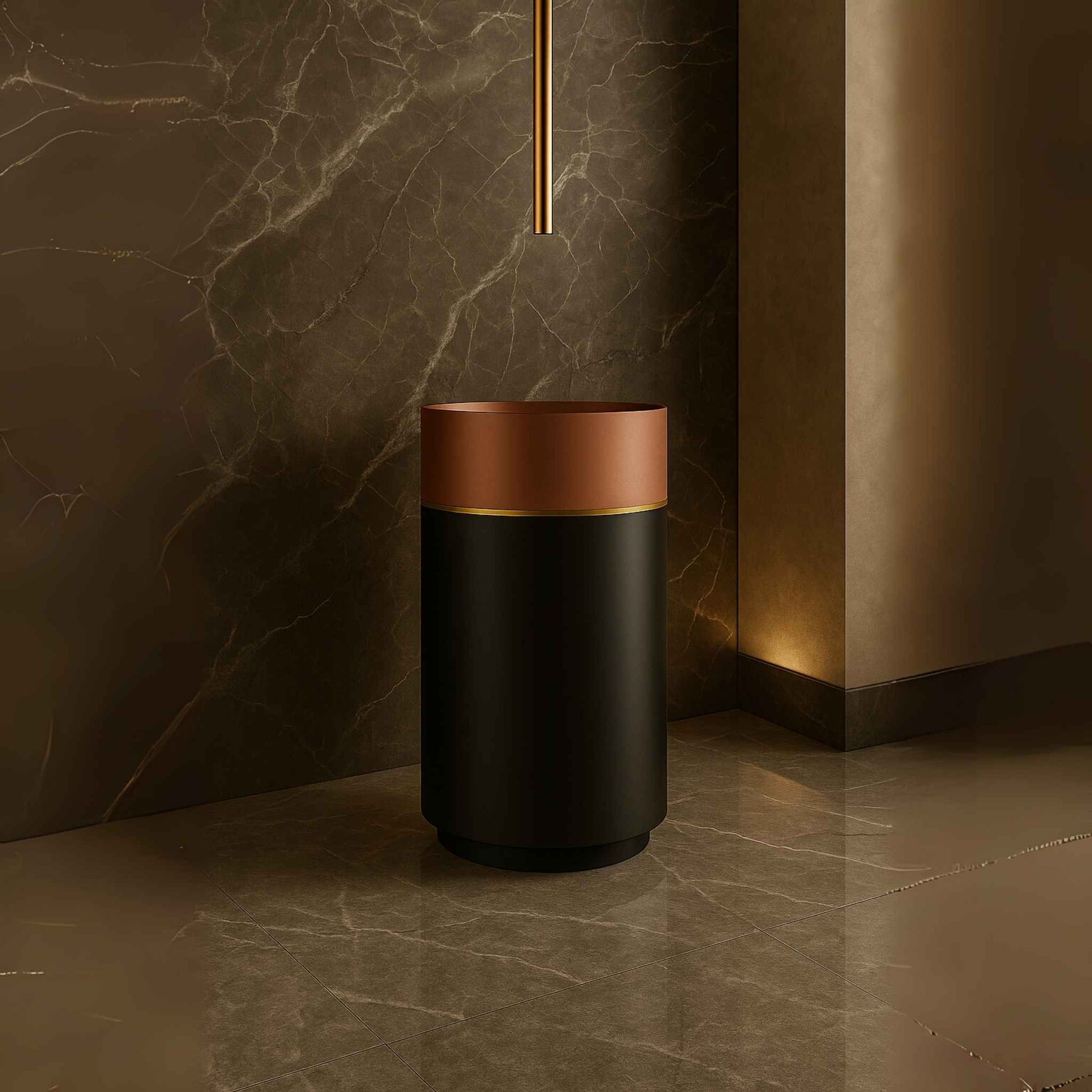 Front view of luxury rose gold and black freestanding pedestal basin