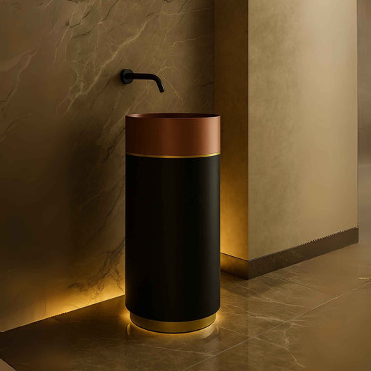 Side angle view of freestanding pedestal wash basin with gold accents