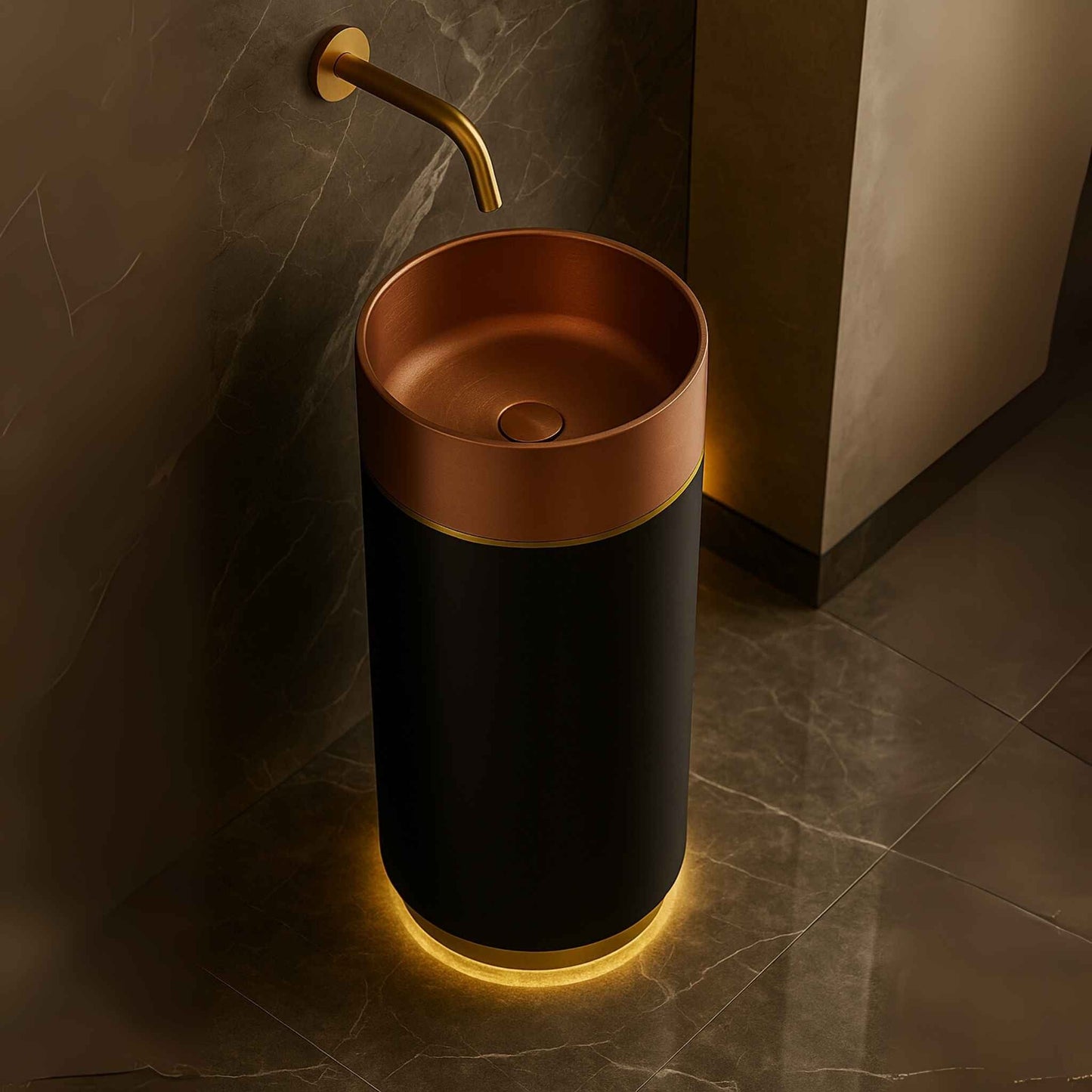 Top angle showing circular rose gold wash basin with matte black pedestal