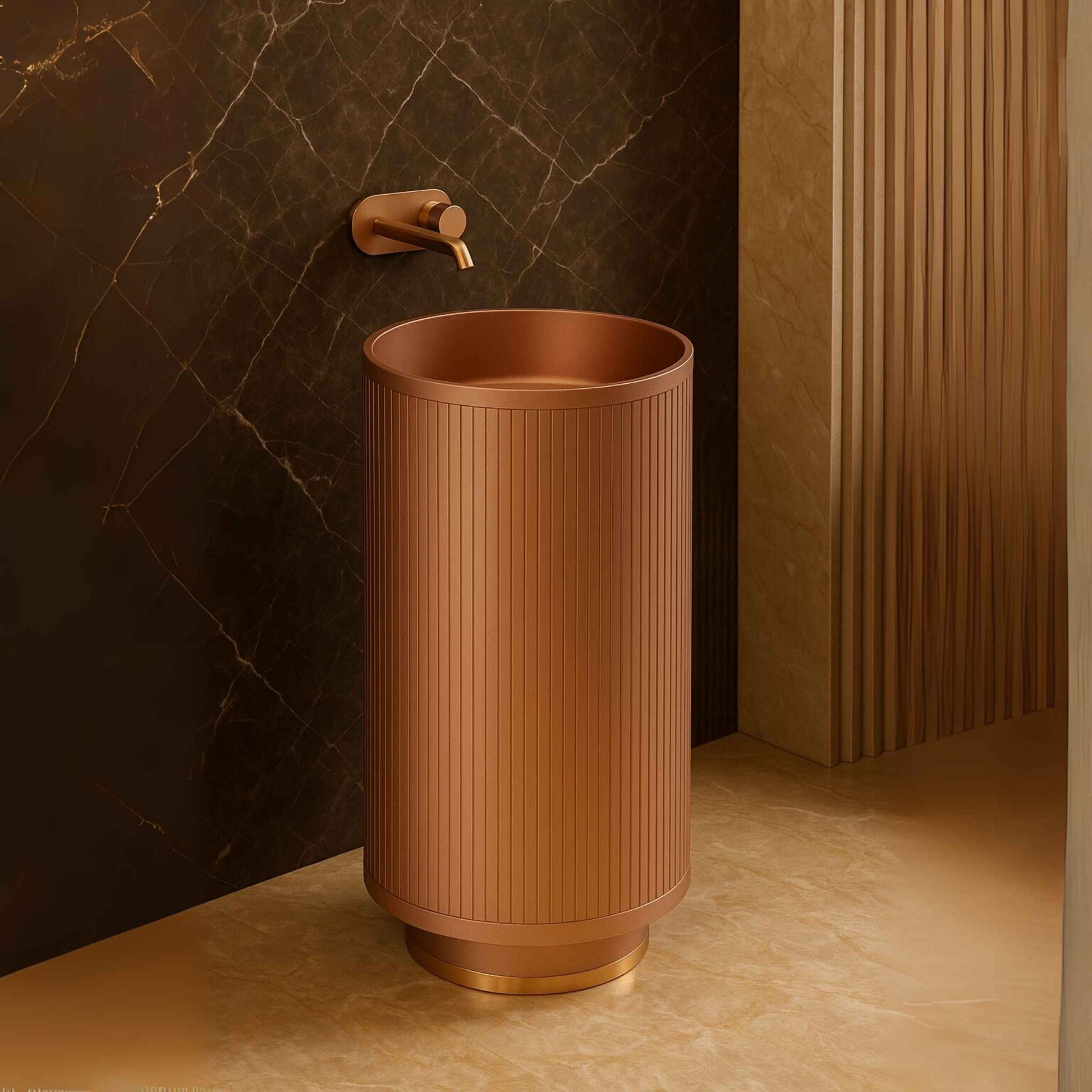 Side angle of rose gold basin with wall-mounted faucet